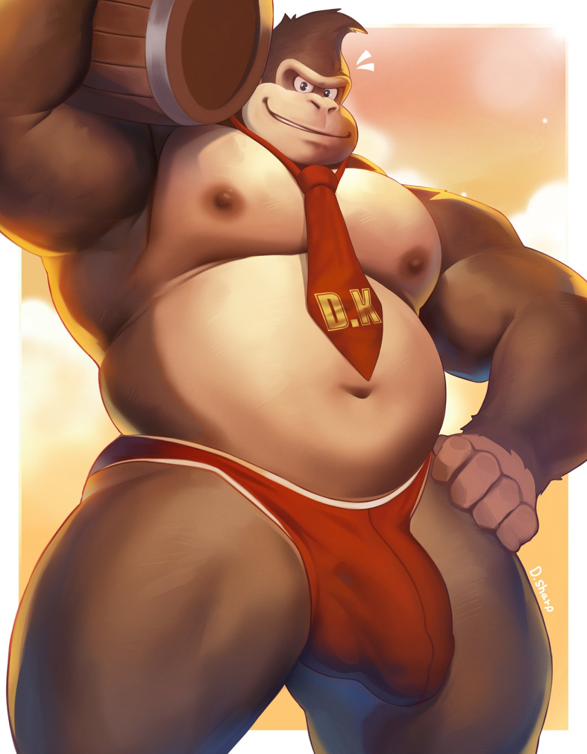 2022 anthro ape barrel belly biceps big_belly big_bulge big_muscles border bulge clothed clothing cloud container detailed_bulge donkey_kong_(character) donkey_kong_(series) dsharp_k fur gorilla hand_on_hip haplorhine hi_res holding_barrel holding_container holding_object looking_at_viewer male mammal moobs musclegut muscular muscular_anthro muscular_male navel necktie nintendo nipples obliques overweight overweight_anthro overweight_male pecs primate simple_background sky smile solo standing thick_thighs thong topless topless_anthro topless_male tuft underwear video_games white_border