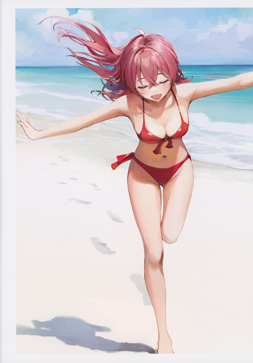 1girl absurdres ame_(uten_cancel) bangs bare_arms bare_shoulders beach bikini blue_sky blush breasts cleavage cloud cloudy_sky footprints full_body highres idolmaster idolmaster_shiny_colors komiya_kaho leg_up long_hair medium_breasts navel ocean open_mouth outstretched_arms pink_hair red_bikini scan shadow shiny shiny_hair simple_background sky smile solo spread_arms stomach swimsuit thighs water