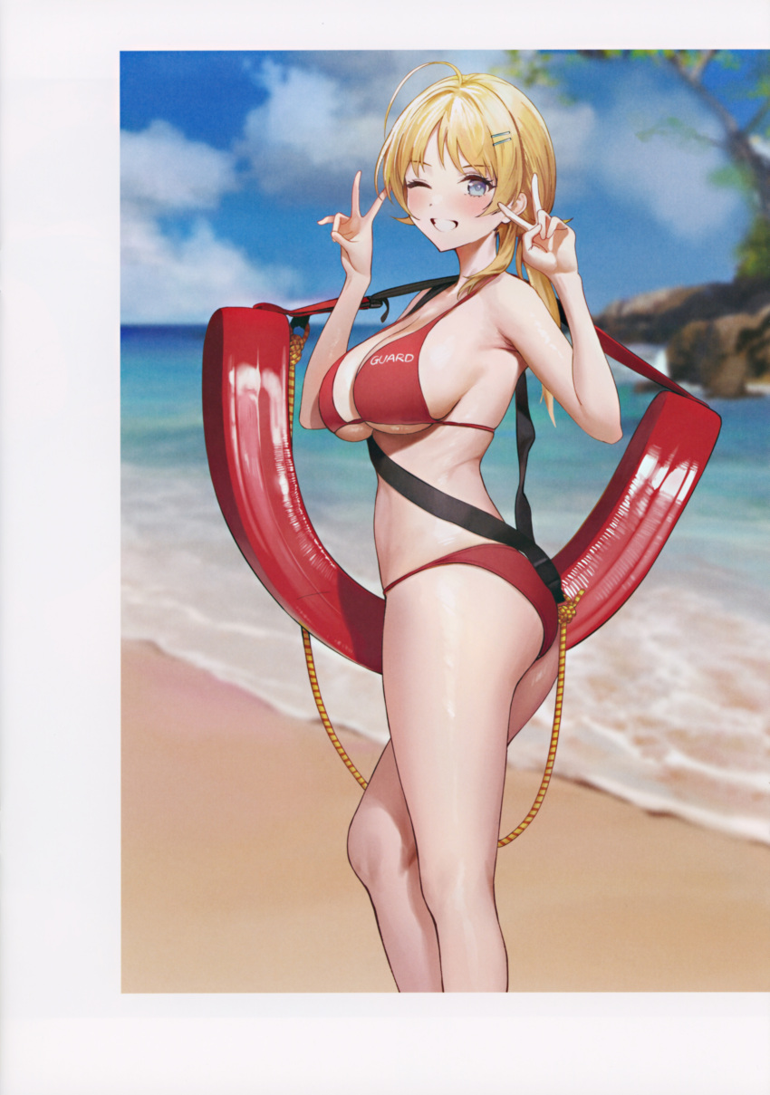 1girl absurdres ahoge ame_(uten_cancel) ass bangs beach bikini blonde_hair blue_eyes blue_sky blurry blurry_background breasts cleavage cloud cloudy_sky day double_v from_side hachimiya_meguru hair_ornament hairclip hands_up highres holding idolmaster idolmaster_shiny_colors large_breasts lifeguard long_hair looking_at_viewer ocean one_eye_closed outdoors parted_lips red_bikini scan shiny shiny_skin shore simple_background sky smile solo swimsuit thighs v water