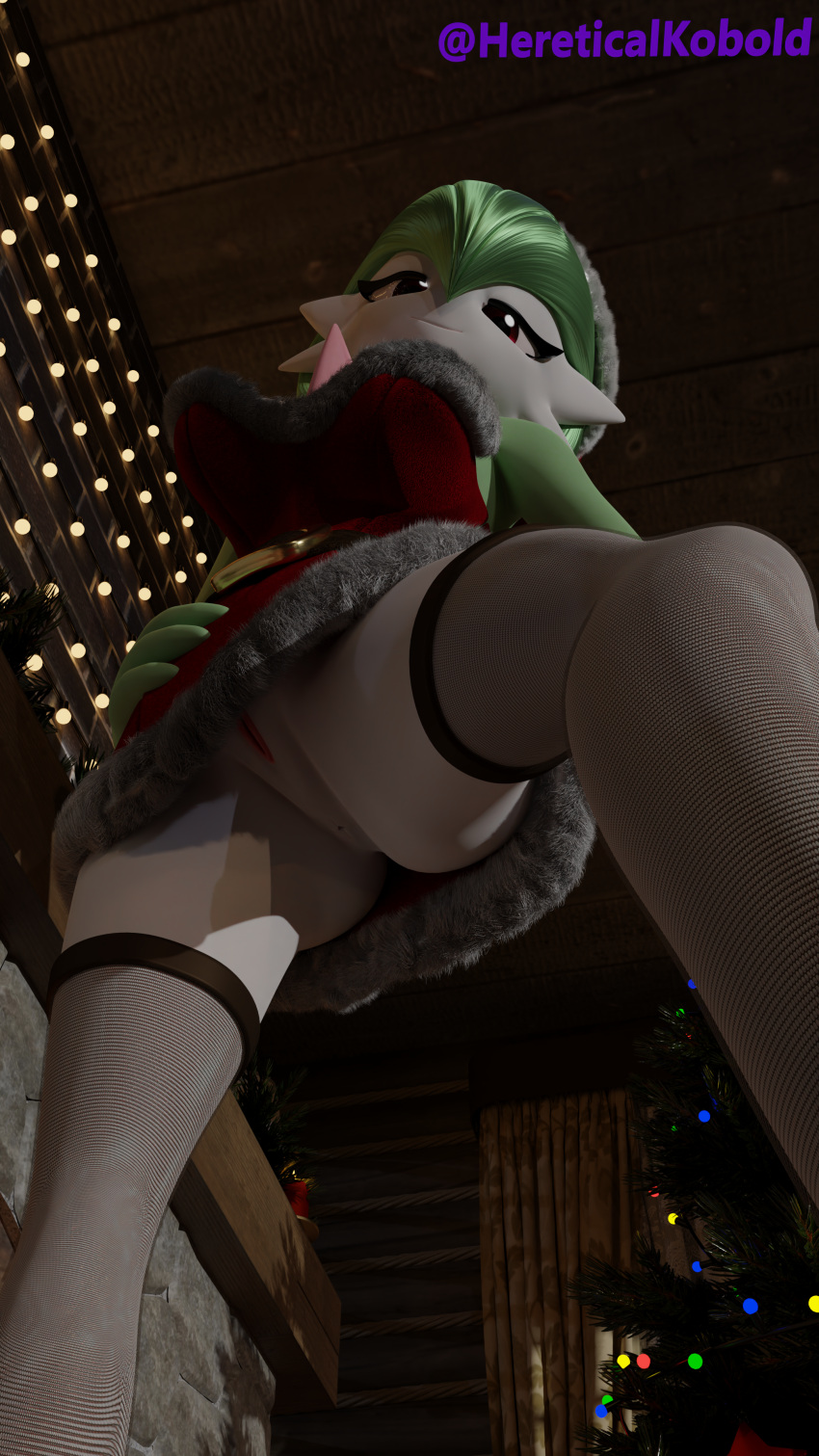 absurd_res anthro anus anus_peek butt christmas christmas_clothing christmas_headwear clothed clothing dominant dominant_female female female_focus gardevoir generation_3_pokemon genitals green_hair hair hat headgear headwear hereticalkobold hi_res holidays huge_filesize humanoid legwear nintendo no_underwear pokemon pokemon_(species) pussy santa_hat solo thick_thighs thigh_highs video_games white_body white_skin