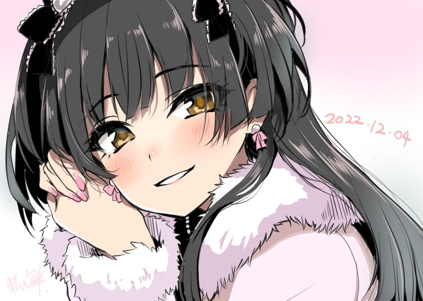 1girl bangs black_hair brown_eyes earrings fingernails fur-trimmed_jacket fur_trim gradient gradient_background hair_ribbon idolmaster idolmaster_shiny_colors jacket jewelry kirikirimai_(kkm) long_hair long_sleeves looking_at_viewer mayuzumi_fuyuko nail_polish pink_background pink_jacket pink_nails portrait ribbon solo two_side_up upper_body