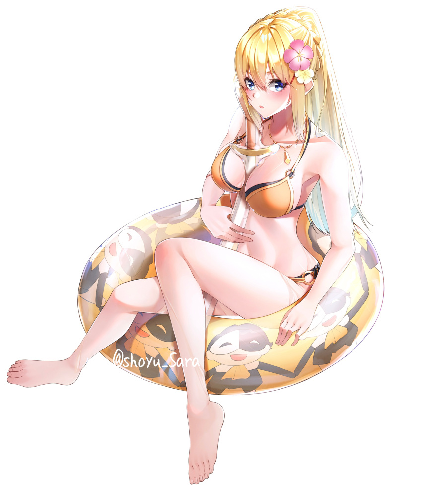 1girl absurdres bangs bare_arms bare_legs barefoot bikini blonde_hair blue_eyes blush braid breasts cleavage collarbone darkness_(konosuba) flower full_body hair_between_eyes hair_flower hair_ornament highres innertube jewelry kono_subarashii_sekai_ni_shukufuku_wo! large_breasts long_hair necklace o-ring o-ring_bikini open_mouth orange_bikini pink_flower ponytail sarasara_shoyu sideboob simple_background sitting solo swimsuit sword_between_breasts twitter_username very_long_hair white_background white_flower