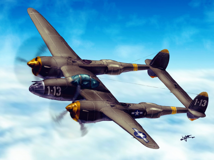 above_clouds aircraft airplane artist_name blue_sky cloud cloudy_sky commentary_request day flying highres luger_oni-jun'i military motion_blur original outdoors p-38_lightning roundel signature sky vehicle_focus world_war_ii