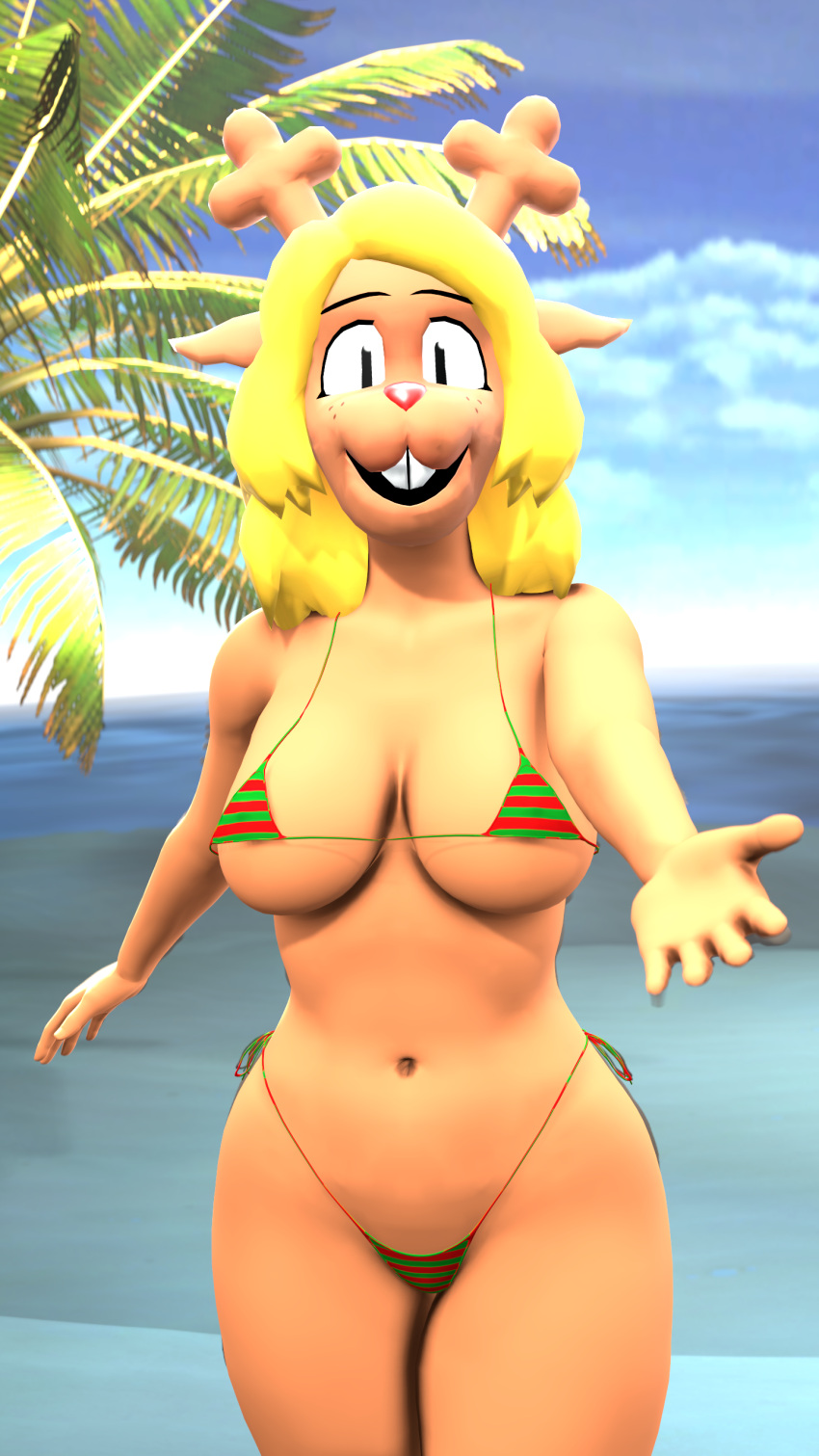 3d_(artwork) 9:16 absurd_res anthro beach bikini blonde_hair breasts capreoline cervid clothing curvy_figure daemont92 deltarune digital_media_(artwork) female hair hi_res looking_at_viewer mammal navel noelle_holiday reaching_towards_viewer reindeer seaside solo source_filmmaker swimwear thick_thighs undertale_(series) video_games voluptuous wide_hips