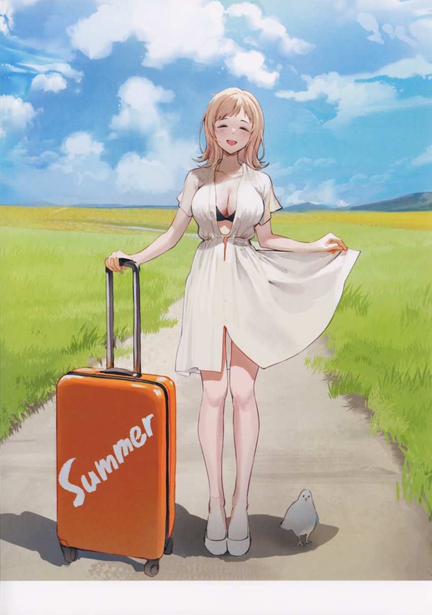 1girl absurdres ame_(uten_cancel) animal bangs bird blue_sky blush breasts character_request cleavage closed_eyes cloud cloudy_sky collarbone day dress full_body grass highres idolmaster idolmaster_shiny_colors luggage medium_breasts open_mouth outdoors rolling_suitcase scan shadow short_sleeves simple_background skirt_hold sky smile standing