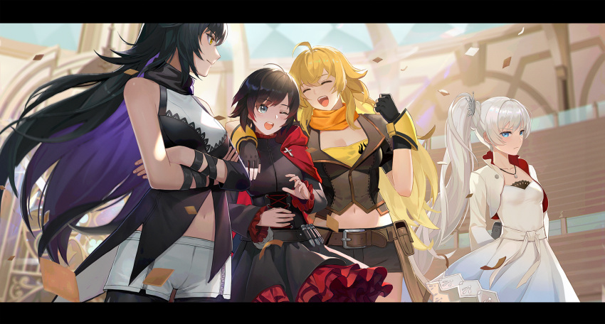 4girls :d ;d arms_behind_back belt belt_buckle black_border black_dress black_gloves black_hair black_pantyhose black_shorts blake_belladonna blonde_hair blue_dress blue_eyes blush border breasts brown_belt buckle cleavage closed_eyes closed_mouth collarbone colored_inner_hair cowboy_shot crossed_arms day dress fingerless_gloves floating_hair frilled_sleeves frills gloves gradient_dress gradient_hair grey_eyes highres jewelry large_breasts layered_dress legwear_under_shorts letterboxed long_hair long_sleeves medium_breasts midriff multicolored_hair multiple_girls navel one_eye_closed orange_scarf outdoors pantyhose pendant purple_hair red_hair ruby_(vocaloid) rwby scarf shiny shiny_hair short_dress short_hair short_shorts shorts shrug_(clothing) side_ponytail small_breasts smile standing stomach thigh_gap two-tone_hair underbust very_long_hair wang_xiao_jun weiss_schnee white_dress white_hair white_shorts yang_xiao_long yellow_eyes