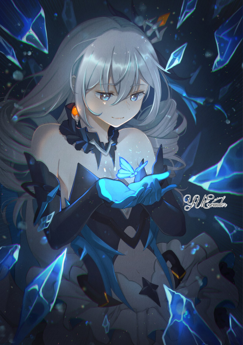 1girl bangs bare_shoulders belly black_gloves blue_butterfly blue_eyes breasts bronya_zaychik bronya_zaychik_(herrscher_of_reason) bug butterfly closed_mouth crystal dark_background dress drill_hair earrings elbow_gloves gloves glowing_butterfly grey_eyes grey_hair hair_ornament highres honkai_(series) honkai_impact_3rd ice_crystal jewelry long_hair navel princess_dress prosthesis prosthetic_leg small_breasts smile strapless strapless_dress thighhighs twin_drills yuevander