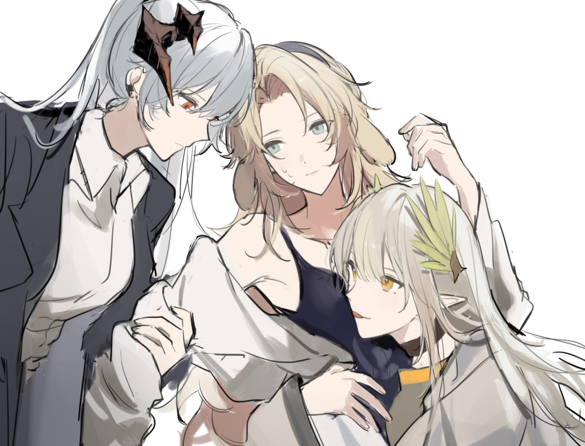 3girls :p animal_ears arknights arm_grab black_coat black_tank_top blue_eyes brown_hair coat collared_shirt dog_ears dog_girl dragon_girl dragon_horns floppy_ears grey_hair highres horns hug jacket joshua_(shisanli934) kirsten_(arknights) laurels long_hair mole mole_under_eye muelsyse_(arknights) multiple_girls off_shoulder open_clothes open_coat orange_eyes saria_(arknights) shirt simple_background sketch sweatdrop tank_top tongue tongue_out white_background white_jacket white_shirt