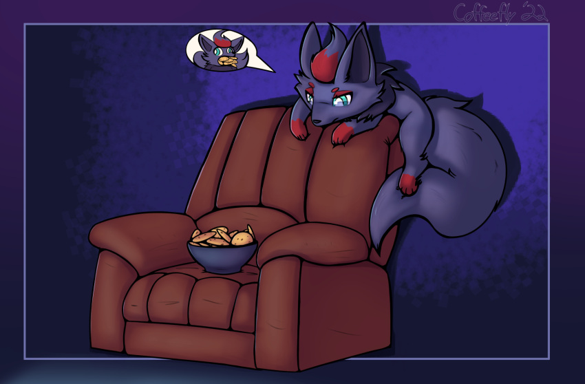 coffeefly cookie food furniture generation_5_pokemon hi_res nintendo pokemon pokemon_(species) sofa solo stare video_games zorua