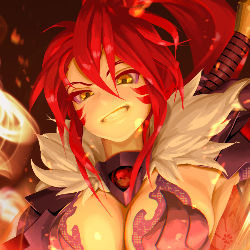 1girl absurdres arm_up armor armpits bangs breasts bustier cleavage clenched_teeth commentary facial_mark facial_tattoo fire fur_collar gauntlets gem grin highres holding holding_sword holding_weapon large_breasts long_hair looking_at_viewer oda_nobunaga_(sengoku_otome) open_mouth ponytail portrait red_gemstone red_hair ryohhe sengoku_otome shoulder_armor sidelocks smile solo sword sword_on_back tattoo teeth weapon weapon_on_back yellow_eyes