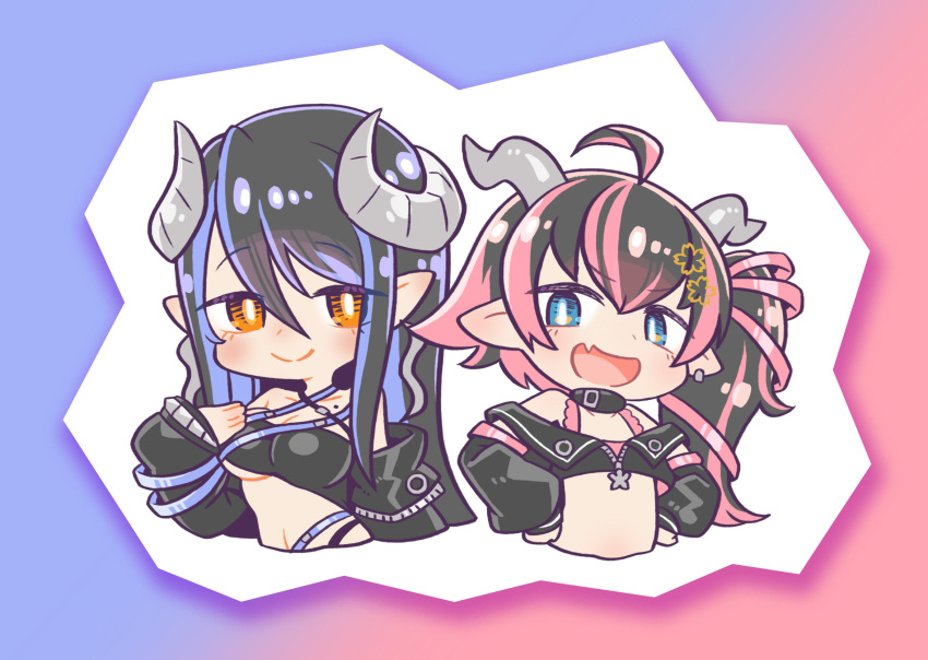 2girls 774_inc. ahoge bangs belt belt_collar black_belt black_hair black_jacket black_sleeves black_tube_top blue_eyes blush bra breasts bright_pupils brown_eyes chaki_(teasets) chibi cleavage closed_mouth collar commentary_request cropped_jacket curled_horns demon_girl demon_horns detached_sleeves earrings fang flat_chest grey_horns hair_between_eyes hand_on_own_chest hebiyoi_tier highres horns jacket jewelry long_hair looking_at_viewer medium_breasts multiple_girls off_shoulder oinomori_may one_side_up open_mouth pink_bra pink_hair pointy_ears skin_fang smile strapless sugar_lyric tube_top underwear upper_body white_pupils zipper