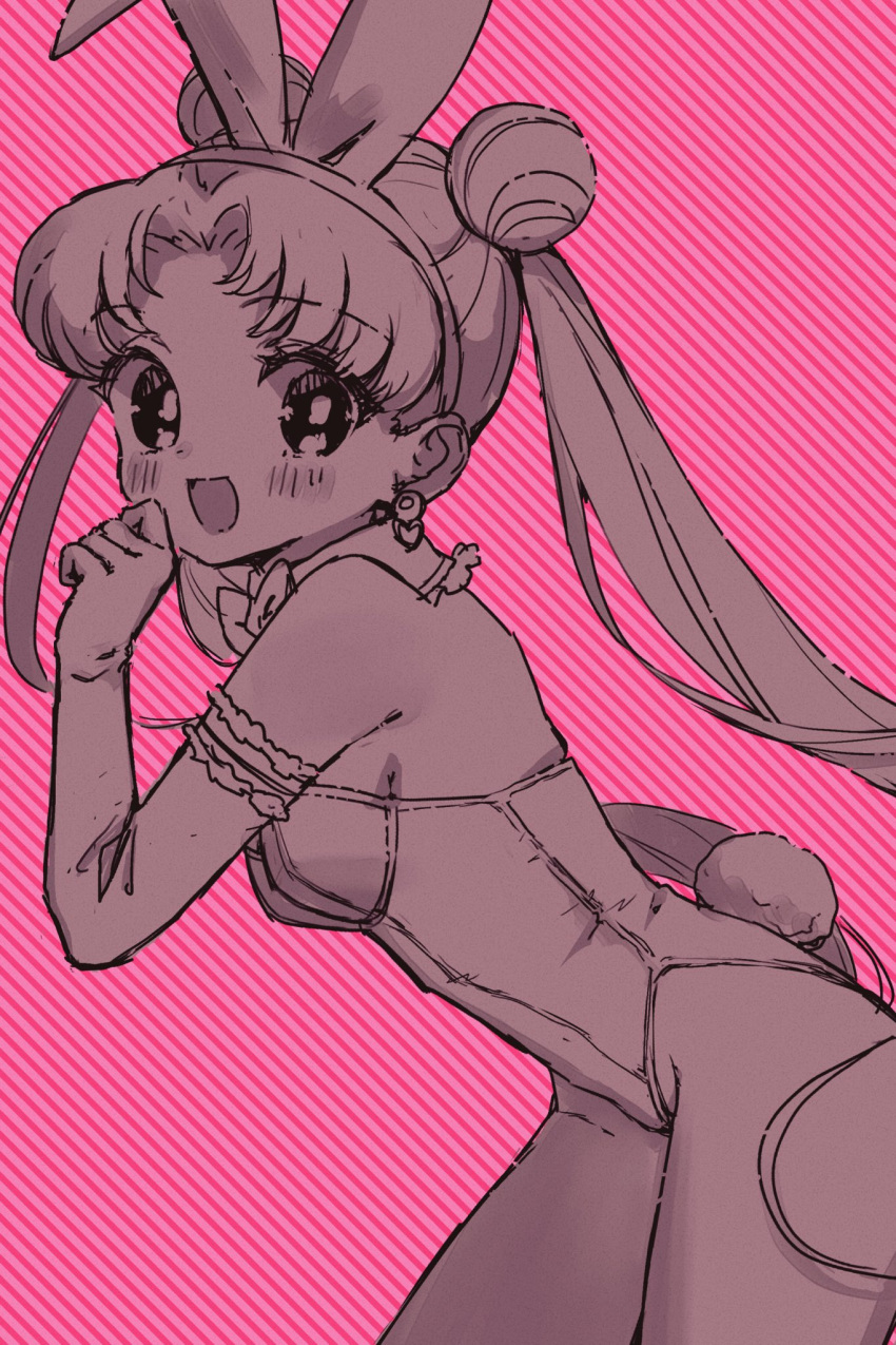 1girl animal_ears bishoujo_senshi_sailor_moon blush breasts double_bun earrings hair_bun highres jewelry leotard open_mouth pink_background rabbit_ears rabbit_tail sailor_moon solo tail tsukino_usagi yyemoyy