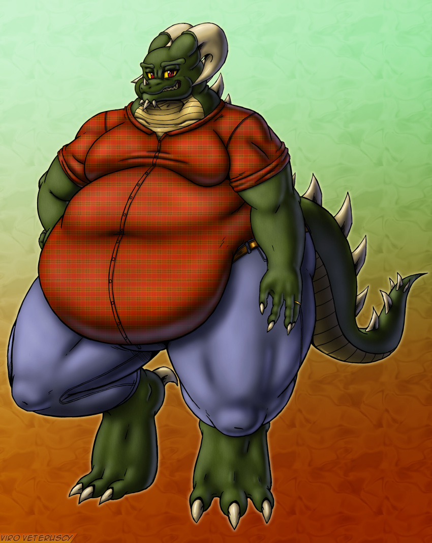 2020 absurd_res anthro belly belt big_belly bottomwear clothing denim denim_clothing digit_ring digital_media_(artwork) dragon green_body green_scales hi_res horn if_hell_had_a_taste jeans jewelry louis_fidchell male multicolored_body multicolored_scales obese obese_anthro obese_male overweight overweight_anthro overweight_male pants pattern_clothing pattern_shirt pattern_topwear plaid plaid_clothing plaid_shirt plaid_topwear red_eyes ring scales shirt solo topwear two_tone_body two_tone_scales viroveteruscy wedding_ring yellow_body yellow_scales yellow_sclera