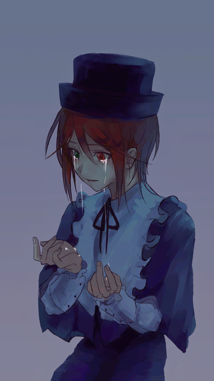 1girl androgynous bangs black_headwear black_ribbon blue_pants blue_shirt brown_hair commentary crying crying_with_eyes_open gradient gradient_background green_eyes grey_background hair_between_eyes hat heterochromia highres long_sleeves neck_ribbon ourei_(nemushiro16) pants parted_lips porkpie_hat red_eyes ribbon rozen_maiden sad shirt short_hair sidelocks solo souseiseki tears tomboy upper_body w_arms
