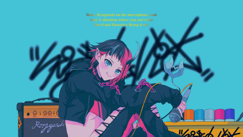 1girl 774_inc. amplifier bangs black_hair black_jacket black_pants blue_eyes blush breasts chain closed_mouth commentary_request cropped_jacket cross-laced_pants demon_girl demon_horns ear_chain ear_piercing english_text engrish_text feet_out_of_frame highres holding holding_microphone horns jacket long_sleeves looking_at_viewer medium_breasts microphone multicolored_hair najuco_(naju0517) open_clothes open_jacket pants piercing pointy_ears ranguage red_hair red_pants ryugasaki_rene short_hair sitting smile solo spray_can spray_paint sugar_lyric two-tone_hair two-tone_pants underboob virtual_youtuber zipper