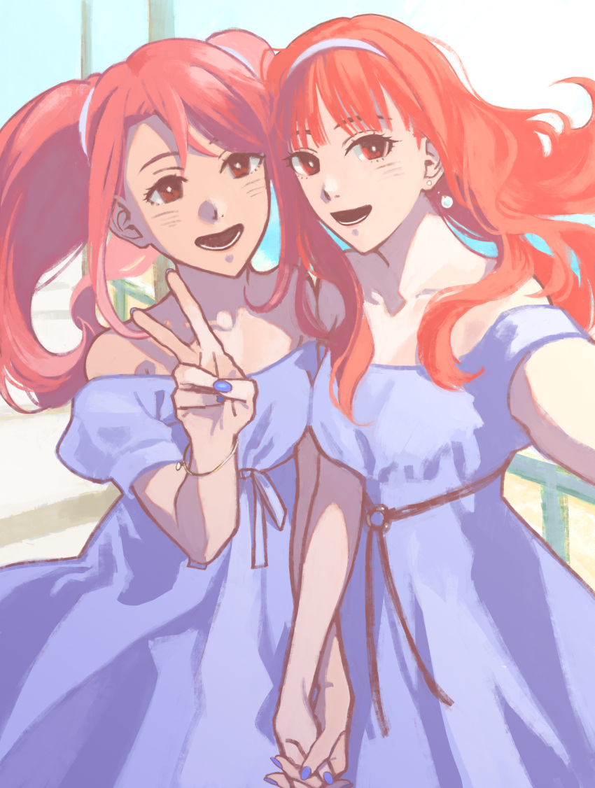 2girls bangs blue_dress blue_nails breasts bright_pupils brown_eyes celica_(fire_emblem) dress earrings fire_emblem fire_emblem_echoes:_shadows_of_valentia floating_hair highres holding_hands jewelry long_hair looking_at_viewer mae_(fire_emblem) medium_breasts multiple_girls o-ring off-shoulder_dress off_shoulder open_mouth orange_hair pink_hair red_eyes smile twintails v white_pupils yama0109