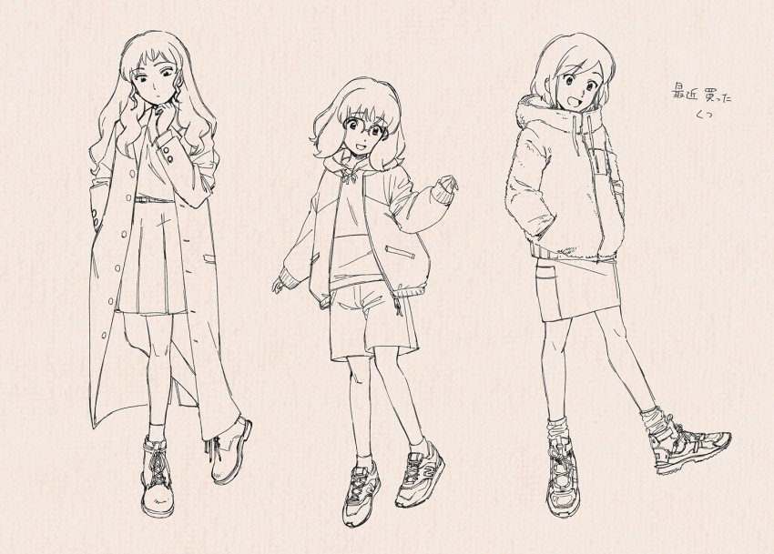 3girls clothes glasses hood hoodie jacket long_hair luna_(mujin_wakusei_survive) menori mujin_wakusei_survive multiple_girls paper_texture rakikoko sharla_(mujin_wakusei_survive) shoes short_hair shorts skirt smile trench_coat