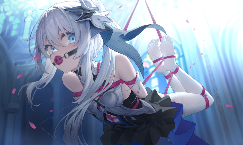 1girl absurdres ball_gag bangs bare_shoulders bdsm blue_eyes bondage bound commission flower full_body gag hair_flower hair_ornament highres honkai_(series) honkai_impact_3rd indoors legs long_hair looking_at_viewer no_shoes pantyhose restrained ruochongsang second-party_source shibari solo suspension tearing_up theresa_apocalypse theresa_apocalypse_(twilight_paladin) thighhighs white_hair white_thighhighs