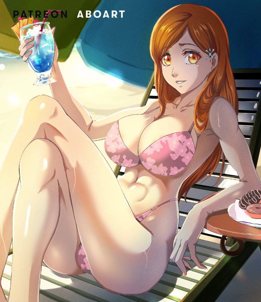 1girl aboart00 abs armpits ass bangs bare_legs bare_shoulders beach bikini bleach breasts cameltoe cleavage cocktail_glass collarbone cup deck_chair doughnut drinking_glass eyelashes floral_print food hair_ornament hair_over_shoulder hand_on_table hand_up highres holding holding_cup inoue_orihime large_breasts lips long_hair long_legs midriff nose orange_eyes orange_hair orange_nails parted_bangs parted_lips seaside shaded_face shadow smile solo star_(symbol) star_hair_ornament sunlight swimsuit thighs under_umbrella water