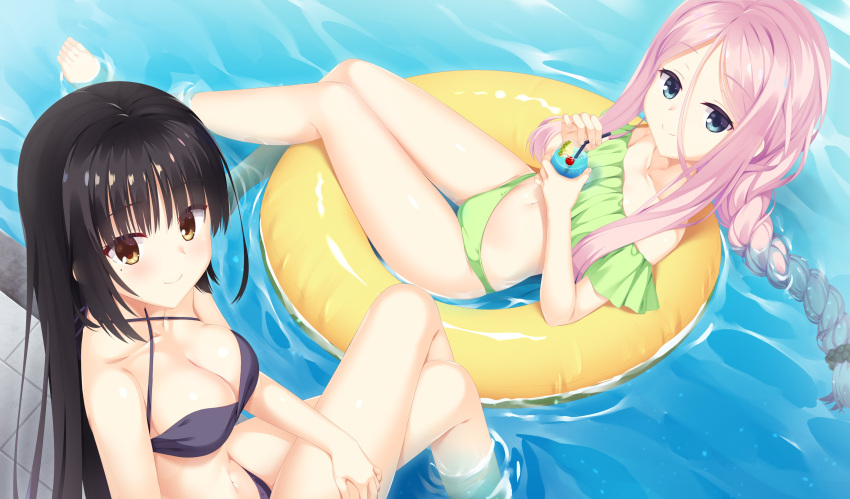 2girls 8kumagawa_(log) absurdres aqua_eyes bangs bare_legs bare_shoulders belly bikini bikini_skirt black_bikini black_hair blush braid breasts cafe_stella_to_shinigami_no_chou cleavage closed_mouth cocktail cocktail_glass collarbone cross-laced_bikini cross-laced_clothes crossed_legs cup dot_nose drink drinking_glass drinking_straw eyebrows_hidden_by_hair feet flat_chest floating green_bikini hair_between_eyes hair_strand hand_on_own_leg highres holding holding_drink innertube large_breasts long_braid long_hair long_legs lying mole mole_under_eye multiple_girls navel on_back parted_bangs pink_hair pool poolside shiki_natsume shioyama_suzune sidelocks single_braid sitting smile soaking_feet straight_hair swimsuit thigh_gap thighs water waving_legs yellow_eyes yellow_innertube yuzu-soft