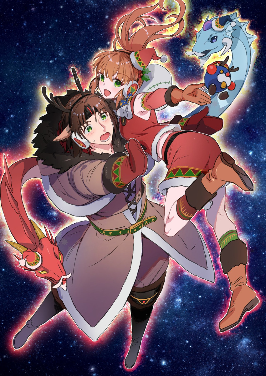 1boy 1girl :d ashton_anchors breasts brown_hair christmas full_body fur_trim gloves green_eyes hat highres long_hair looking_at_viewer open_mouth ponytail precis_neumann santa_hat skirt smile space star_(sky) star_ocean star_ocean_anamnesis star_ocean_the_second_story thighhighs ycco_(estrella)