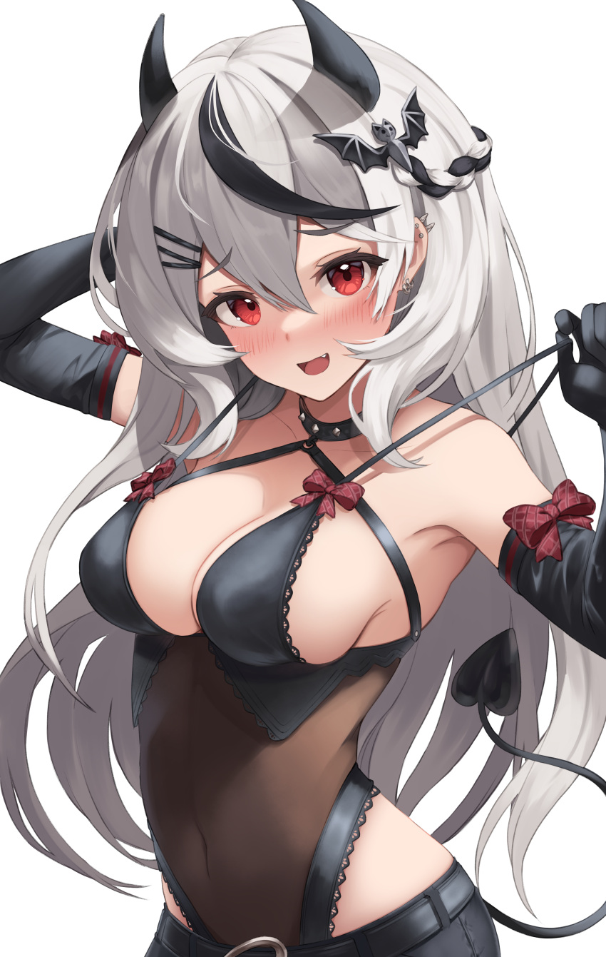 1girl absurdres bangs bare_shoulders bat_hair_ornament belt black_bra black_gloves black_hair blush bow bra braid breasts cleavage collar covered_nipples demon_girl demon_horns demon_tail ear_piercing elbow_gloves fang food gloves grey_hair hair_ornament hairclip hands_up highres hololive horns large_breasts leotard long_hair looking_at_viewer multicolored_hair open_mouth paid_reward_available piercing pyonsan raised_eyebrows red_bow red_eyes sakamata_chloe simple_background single_braid smile solo strap_lift streaked_hair tail underwear upper_body virtual_youtuber white_background