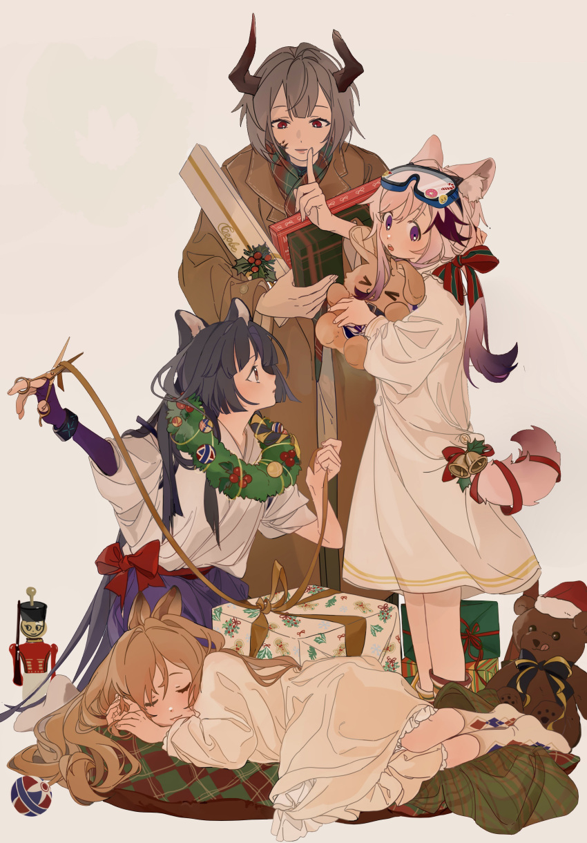4girls :3 :o absurdres alternate_costume animal_ear_fluff animal_ears arknights bell black_hair blush bow box brown_eyes brown_hair cardigan_(arknights) ceobe_(arknights) character_name chinese_commentary christmas closed_eyes closed_mouth commentary cow_girl dog_ears dog_girl dog_tail dress finger_to_mouth frilled_dress frills full_body gift gift_box grey_hair hair_bow highres holding holding_gift holding_ribbon holding_scissors holding_stuffed_toy infection_monitor_(arknights) japanese_clothes kimono latutou1 lips long_hair long_sleeves looking_at_another multiple_girls nutcracker open_mouth oripathy_lesion_(arknights) parted_lips pink_hair ponytail purple_eyes purple_shorts red_bow red_eyes red_ribbon ribbon saga_(arknights) scissors short_hair shorts shushing sleeping socks stuffed_animal stuffed_bunny stuffed_toy tail tail_bell tail_ornament tail_ribbon teddy_bear teeth upper_teeth very_long_hair vulcan_(arknights) white_dress white_kimono white_socks