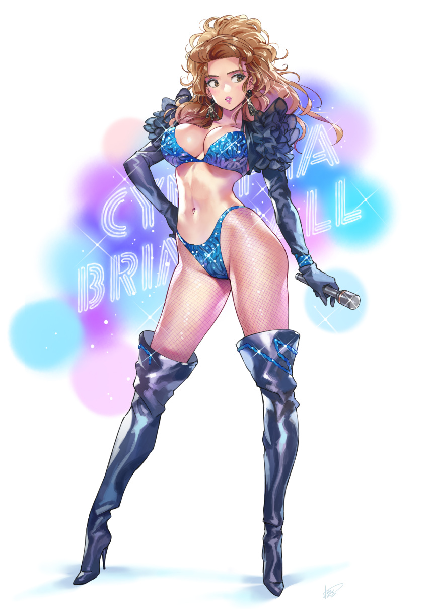 absurdres arched_back big_hair bikini black_gloves black_thighhighs blue_bikini boots breasts brown_hair character_request commission contrapposto copyright_request curly_hair duplicate elbow_gloves english_text fishnets gloves hand_on_hip high_heel_boots high_heels highres holding holding_microphone large_breasts legs_apart long_hair long_legs looking_to_the_side matsuda_(matsukichi) microphone navel parted_lips pixel-perfect_duplicate shiny shiny_clothes shiny_hair shiny_legwear shiny_skin simple_background standing swimsuit thighhighs toned white_background wide_hips
