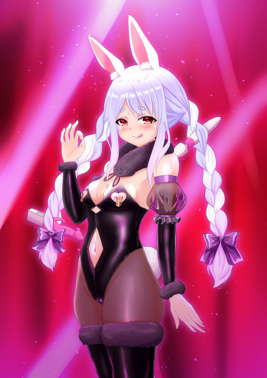 1girl :q absurdres animal_ear_fluff animal_ears bangs black_scarf black_sleeves blue_hair blush boots braid breasts bunny-shaped_pupils cameltoe clothing_cutout dildo don-chan_(usada_pekora) fellatio_gesture fur_scarf hair_ribbon highres hikimayu hitachi_magic_wand hololive ishi_no_shita long_hair looking_at_viewer medium_breasts multicolored_hair naughty_face navel navel_cutout nipple_cutout nipple_piercing orange_eyes pantyhose parted_hair piercing playboy_bunny rabbit_ears rabbit_girl rabbit_tail red_eyes ribbon scarf sex_toy short_eyebrows sidelocks smile solo sweat swept_bangs symbol-shaped_pupils tail thick_eyebrows thigh_boots tongue tongue_out twin_braids twintails two-tone_hair usada_pekora vibrator virtual_youtuber white_hair