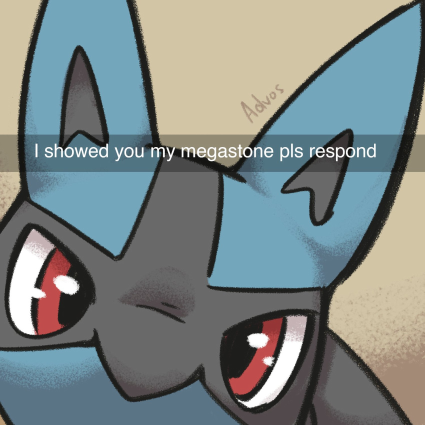 advos ambiguous_gender anthro artist_name black_body black_fur black_nose blue_body blue_fur canid canine close-up digital_media_(artwork) english_text filter fur generation_4_pokemon grey_background hi_res looking_at_viewer lucario mammal nintendo pokemon pokemon_(species) red_eyes simple_background snapchat solo text video_games