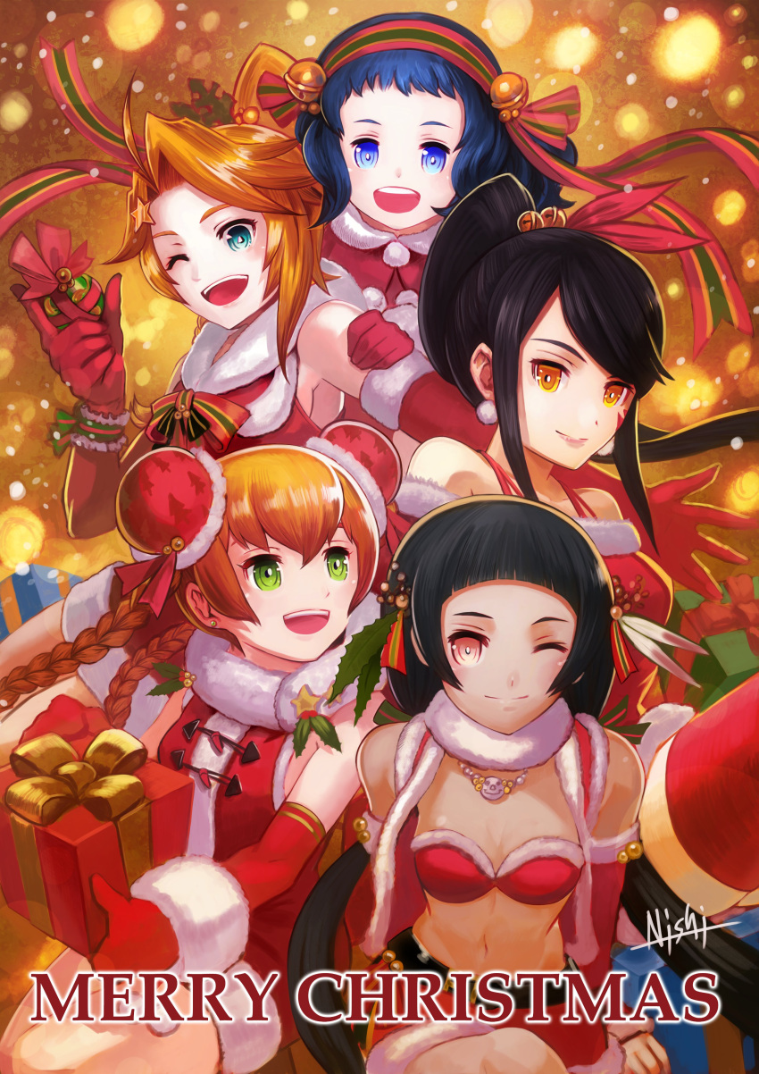 2c 5girls absurdres arc_the_lad black_hair blue_eyes breasts christmas closed_mouth dress earrings fur_trim gift gloves highres jewelry long_hair looking_at_viewer medium_hair merry_christmas multiple_girls navel open_mouth short_hair smile thighhighs