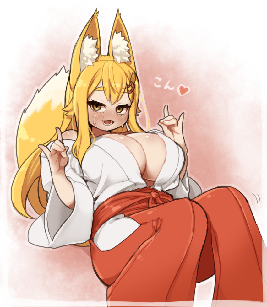 1girl animal_ear_fluff animal_ears bare_shoulders blonde_hair blush breasts cleavage double_fox_shadow_puppet fox_ears fox_girl fox_shadow_puppet fox_tail hakama heart highres ichika_(ichika_manga) japanese_clothes large_breasts miko open_clothes open_mouth original red_hakama solo sweat tail thick_eyebrows wide_sleeves yellow_eyes