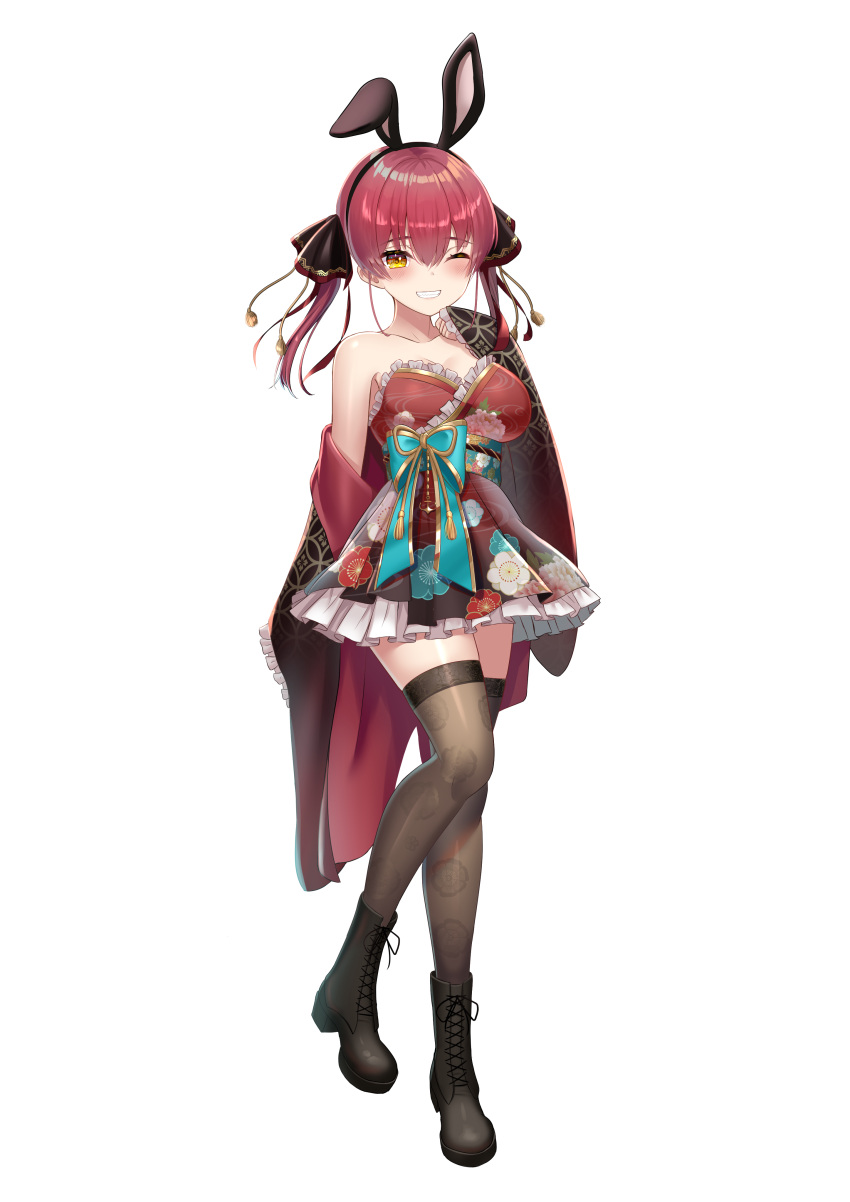 1girl ;) absurdres animal_ears bangs boots breasts dress fake_animal_ears frilled_dress frills full_body grin hair_between_eyes highres hololive houshou_marine long_hair looking_at_viewer medium_breasts off_shoulder one_eye_closed rabbit_ears red_dress red_hair simple_background smile solo standing strapless strapless_dress thighhighs twintails wanderlucia white_background yellow_eyes