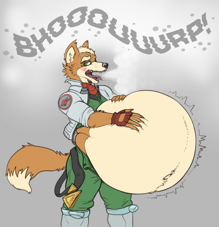 2022 anthro belly belt belt_buckle big_belly blush boots burping canid canine clothing dipstick_tail eggo21 fangs fingerless_gloves footwear fox fox_mccloud fur gloves green_eyes grey_background hair hands_on_belly handwear hi_res jacket looking_away male mammal markings navel nintendo open_mouth orange_body orange_fur overweight pilot pilot_uniform scarf simple_background solo sound_effects star_fox tail_markings tan_body tan_fur tan_hair tongue tongue_out topwear unzipped unzipped_pants video_games