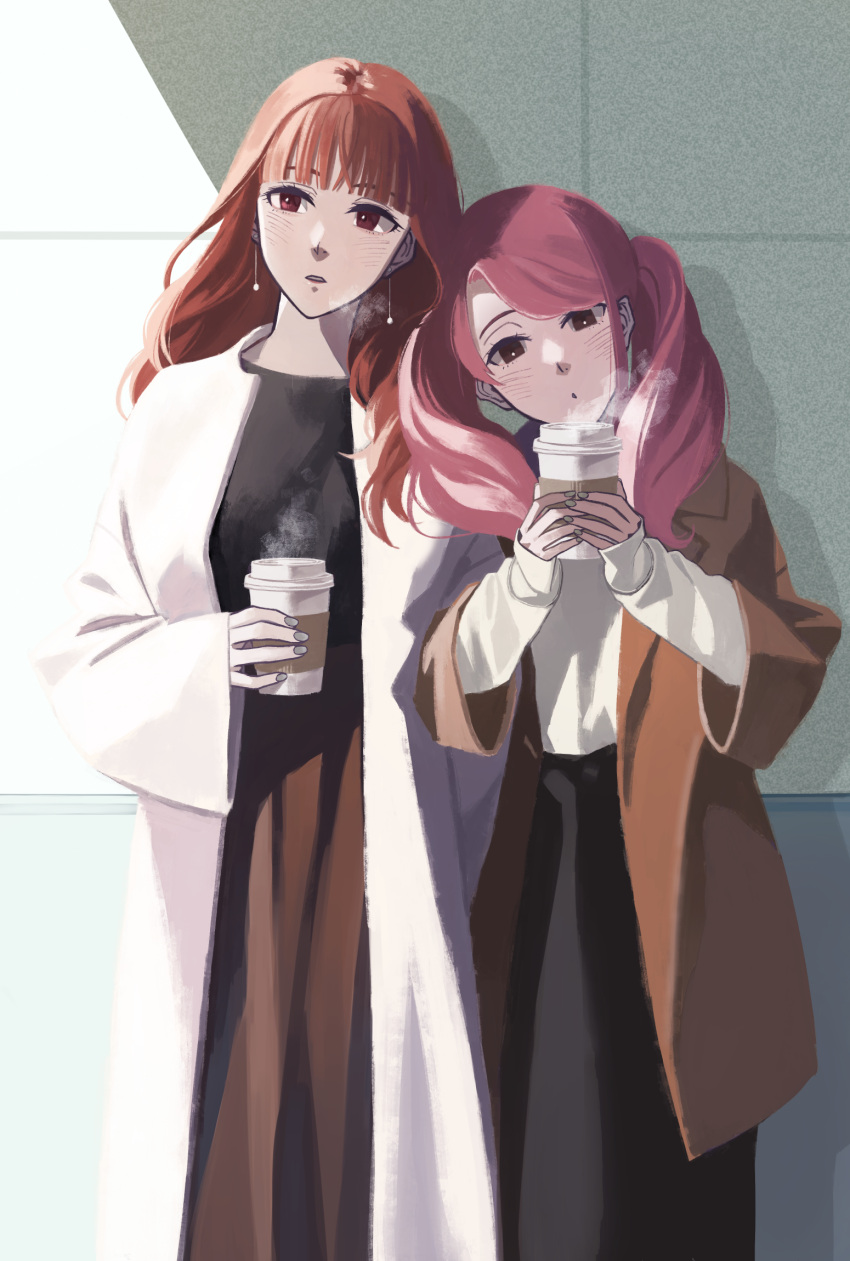 2girls :o alternate_costume bangs black_shirt black_skirt brown_eyes brown_jacket brown_skirt celica_(fire_emblem) coffee_cup cup disposable_cup earrings fire_emblem fire_emblem_echoes:_shadows_of_valentia head_tilt highres holding holding_cup jacket jewelry long_hair looking_to_the_side mae_(fire_emblem) multiple_girls open_mouth orange_hair pink_hair shirt skirt sleeves_past_wrists steam twintails white_jacket white_shirt yama0109