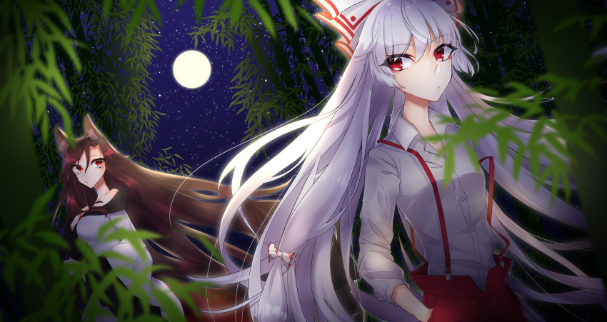 2girls absurdres animal_ears bamboo bamboo_forest bow breasts brooch brown_hair buttons collared_shirt dress forest fujiwara_no_mokou full_moon hair_bow highres hoshitsuyu imaizumi_kagerou jewelry long_hair long_sleeves medium_breasts moon multiple_girls nature night off-shoulder_dress off_shoulder pants red_eyes red_pants shirt star_(sky) suspenders touhou white_dress white_hair white_shirt wide_sleeves wolf_ears