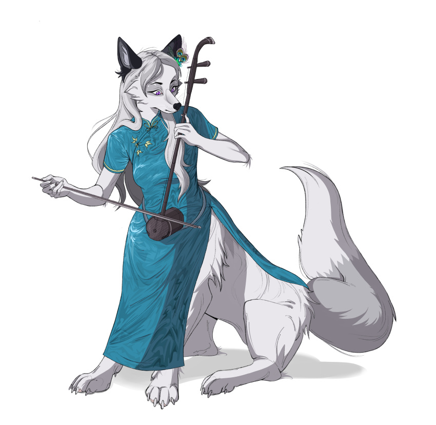 absurd_res accessory anthro asian_clothing black_ears blue_clothing blue_dress canid canid_taur canine canine_taur chinese_clothing chinese_dress claws clothing dewclaw dipstick_tail dress east_asian_clothing erhu feather_in_hair feathers female fox fox_taur fur grey_body grey_fur hair hair_accessory herm_(lore) hi_res long_hair mammal mammal_taur markings musical_instrument platinum_fox playing_music purple_eyes red_fox sitting solo tail_markings taur tokrg/gall_t tzadik white_body white_fur white_hair