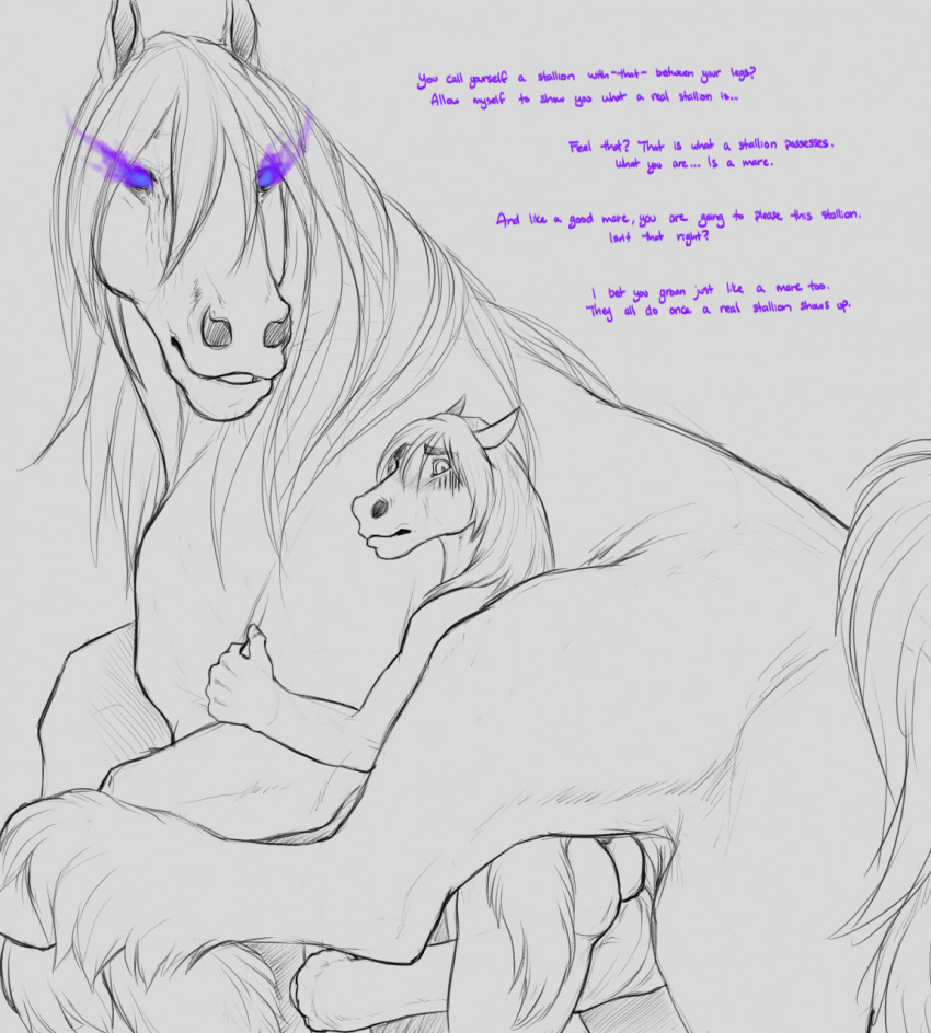 2022 6_legs animal_genitalia animal_penis anthro bestiality big_penis biped blush dialogue duo english_text equid equine equine_penis erection feral fur genitals glowing glowing_eyes hair hi_res horse larger_feral larger_male male male/male mammal mane monochrome penis purple_eyes purple_text quadruped size_difference size_play sleipnir smaller_anthro smaller_male text yaroul