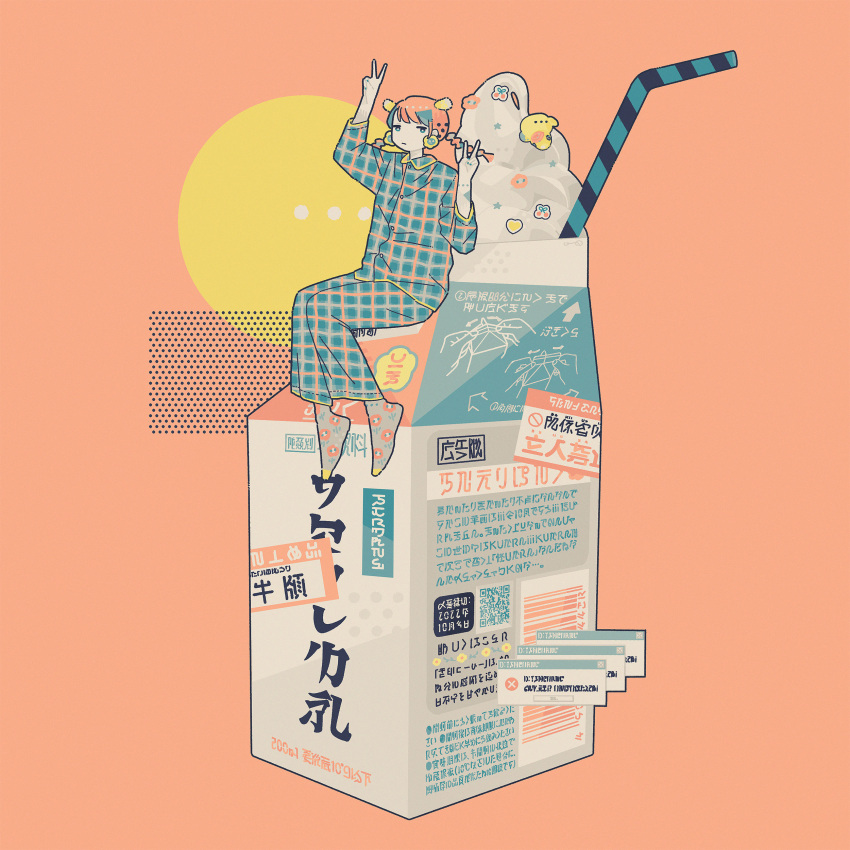1girl absurdres aqua_eyes arm_up braid carton double_v drinking_straw halftone highres long_sleeves looking_at_viewer omura06 original oversized_object pink_hair plaid_pajamas qr_code socks solo surreal translation_request twin_braids v wide_shot window_(computing)