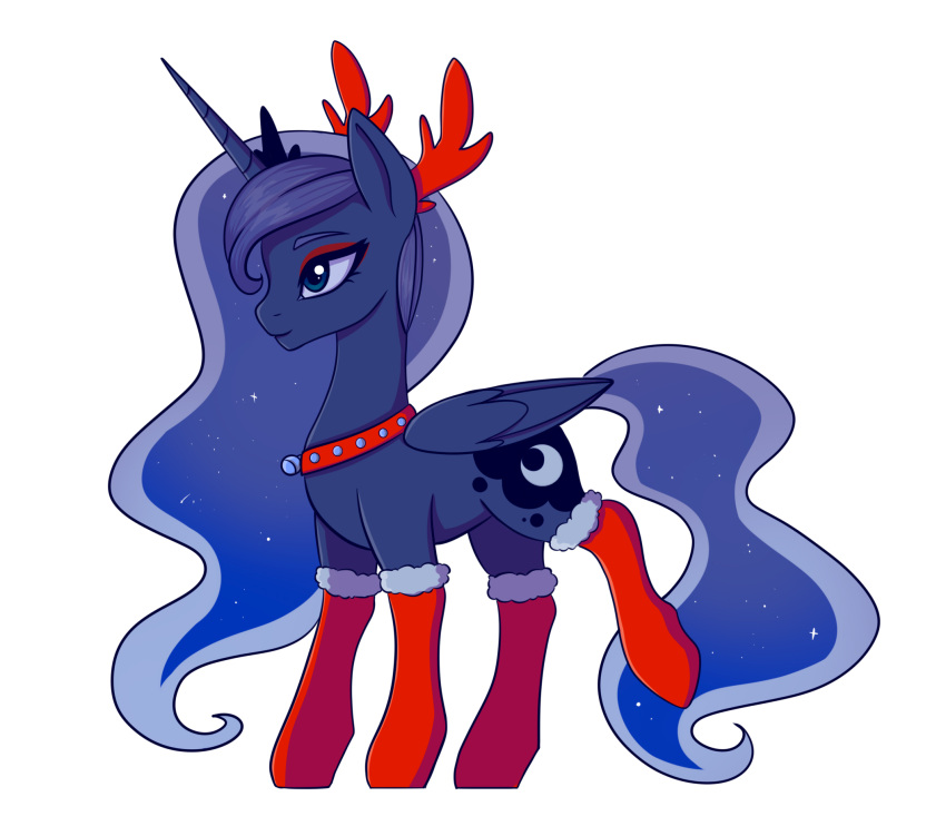 2021 antlers bell bell_collar blue_body blue_fur blue_hair blue_tail christmas clothed clothed_feral clothing collar costume crown cutie_mark digital_drawing_(artwork) digital_media_(artwork) equid equine eyeshadow fake_antlers female feral footwear friendship_is_magic fur hair hasbro hi_res holidays horn horse jingle_bell jingle_bell_collar legwear makeup mammal my_little_pony pony princess_luna_(mlp) raised_leg red_antlers red_clothing red_eyeshadow red_legwear red_stockings red_thigh_highs reindeer_costume simple_background socks solo stockings tanatos_(artist) thigh_highs white_background winged_unicorn wings