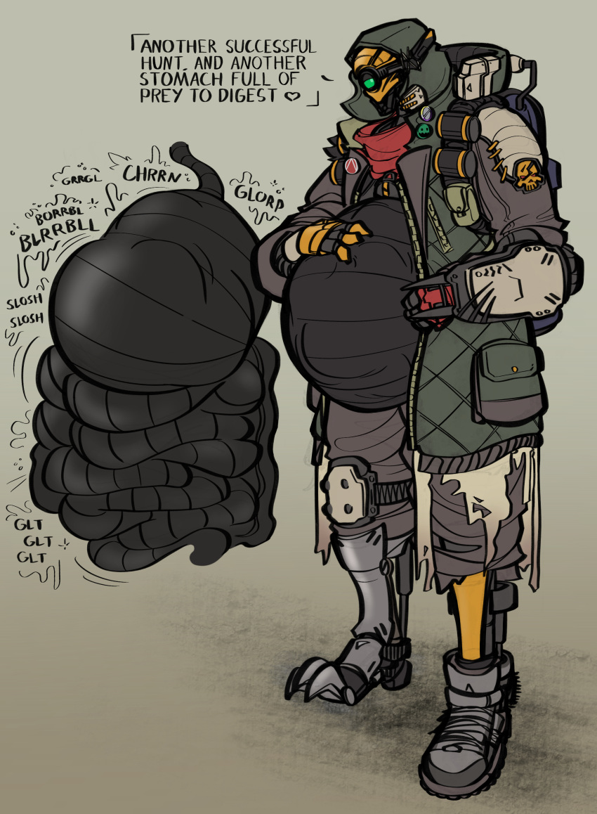 &lt;3 1_eye 3_claws 3_toes 4_fingers abdominal_bulge absurd_res after_vore ambiguous_gender ambiguous_prey anthro backpack badge bandanna bandanna_on_neck bedroom_eyes belly belly_grab belly_groan big_belly black_text bodily_noises churn claws clothed clothing coat cutaway dialogue different_sound_effects digestion_noises feet fingers fl4k_(borderlands) glorp green_eyes guts hand_on_stomach heart_after_text hi_res hood humanoid imminent_death intersex intestinal_bulge intestines kerchief looking_pleasured machine metallic_body mouthless narrowed_eyes one_shoe_on onomatopoeia organs pins pockets robot robot_humanoid rumbling_stomach seductive shortened_sound_effect simple_background slosh sloshing_belly solo sound_effect_variant sound_effects standing stomach talking_to_another talking_to_prey text text_with_heart toes topwear torn_clothing unseen_character ventiventi111 video_games vore vowelless vowelless_sound_effect yellow_body