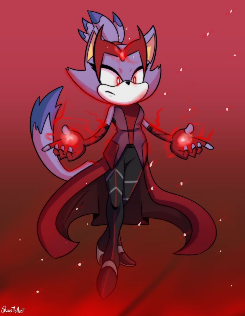 absurd_res anthro blaze_the_cat clothed clothing crown domestic_cat felid feline felis female footwear gloves handwear hi_res mammal pose purple_body scarlet_witch sega shoes simple_background solo sonic_the_hedgehog_(series) super_powers supervillain tiara zettoart