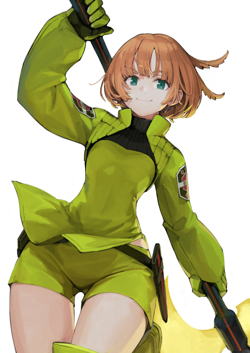 1girl bangs bob_cut breasts brown_hair closed_mouth commentary_request gloves green_eyes highres holding jacket jun_(seojh1029) konami_kirie long_sleeves looking_at_viewer medium_breasts short_hair short_shorts shorts simple_background smile solo weapon world_trigger