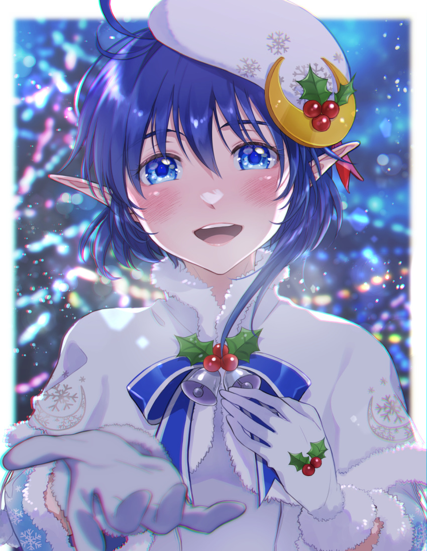 19670615t 1girl ahoge blue_eyes blue_hair blush christmas crescent crescent_hair_ornament fur_trim gloves hair_ornament highres looking_at_viewer open_mouth pointy_ears rena_lanford short_hair smile solo star_ocean star_ocean_anamnesis star_ocean_the_second_story