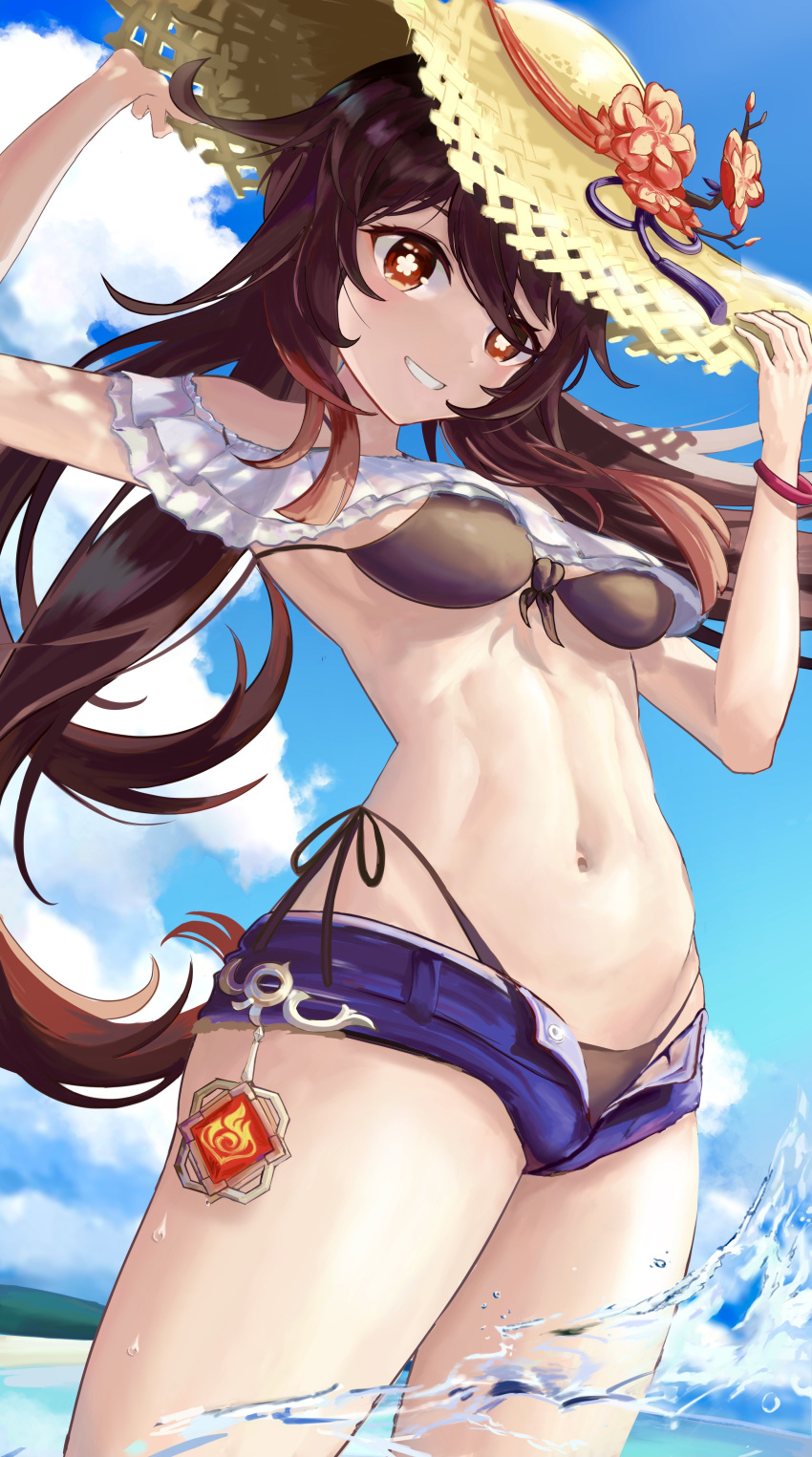1girl absurdres alternate_costume arms_up bangs bare_shoulders bikini bikini_under_clothes black_bikini blue_shorts blue_sky breasts cloud cowboy_shot crop_top day floating_hair flower flower-shaped_pupils frilled_shirt frills front-tie_bikini_top front-tie_top genshin_impact hair_between_eyes hand_on_headwear hat hat_flower highleg highleg_bikini highres hu_tao_(genshin_impact) kun_kun medium_breasts micro_shorts navel ocean off-shoulder_shirt off_shoulder open_fly outdoors red_eyes shirt shorts side-tie_bikini_bottom sidelocks sky solo stomach straw_hat swimsuit symbol-shaped_pupils thighs twintails vision_(genshin_impact) wading water wristband