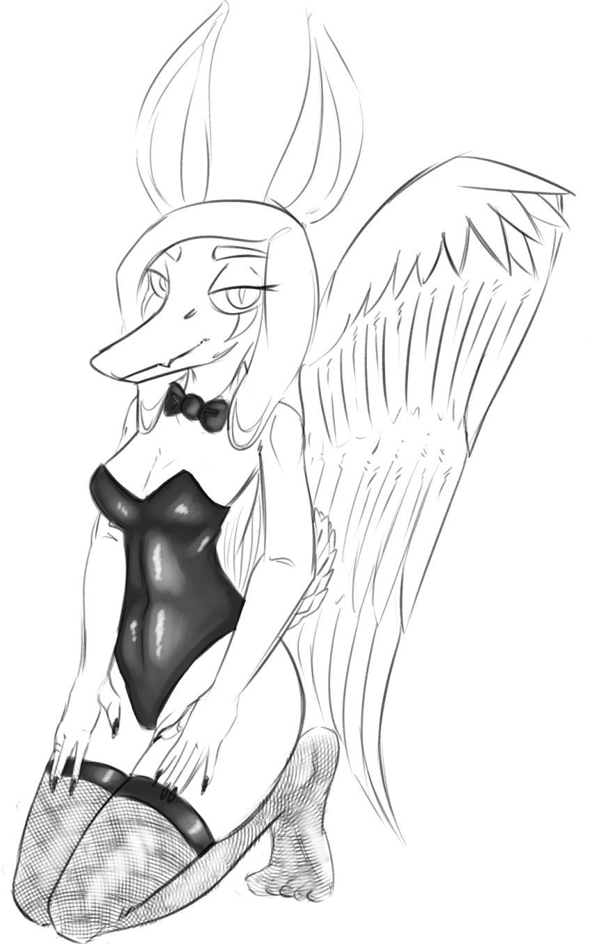 5_fingers 5_toes anthro big_wings black_fingernails bow_tie breasts cleavage clothed clothing crotch_lines elbow_tuft fake_ears fake_rabbit_ears fang_(gvh) feathered_wings feathers feet female fingers fishnet fishnet_legwear goodbye_volcano_high hair hand_on_leg hand_on_thigh hi_res kneeling legwear leotard looking_at_viewer monochrome plantigrade pterodactylus pterosaur reptile scalie smile snoot_game_(fan_game) solo stockings strapless_clothing strapless_leotard thigh_highs toes unknown_artist wide_hips wings