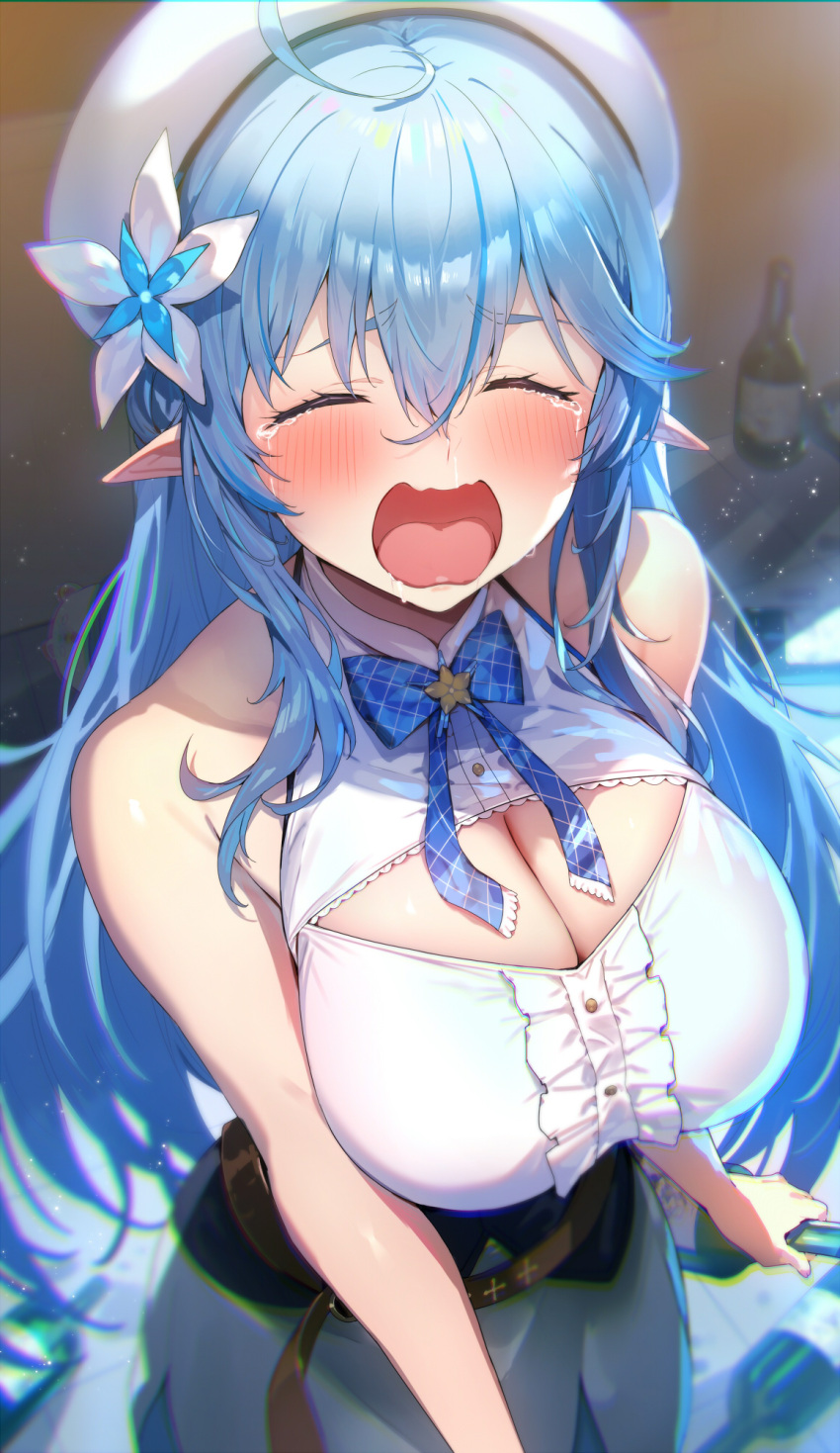 1girl ahoge bangs bare_shoulders beret blue_hair blush bow bowtie breasts cleavage cleavage_cutout closed_eyes clothing_cutout corset crying dress elf flower hair_between_eyes hair_flower hair_ornament hat highres hololive kakage large_breasts long_hair open_mouth pointy_ears sidelocks solo tears very_long_hair virtual_youtuber white_dress white_headwear yukihana_lamy