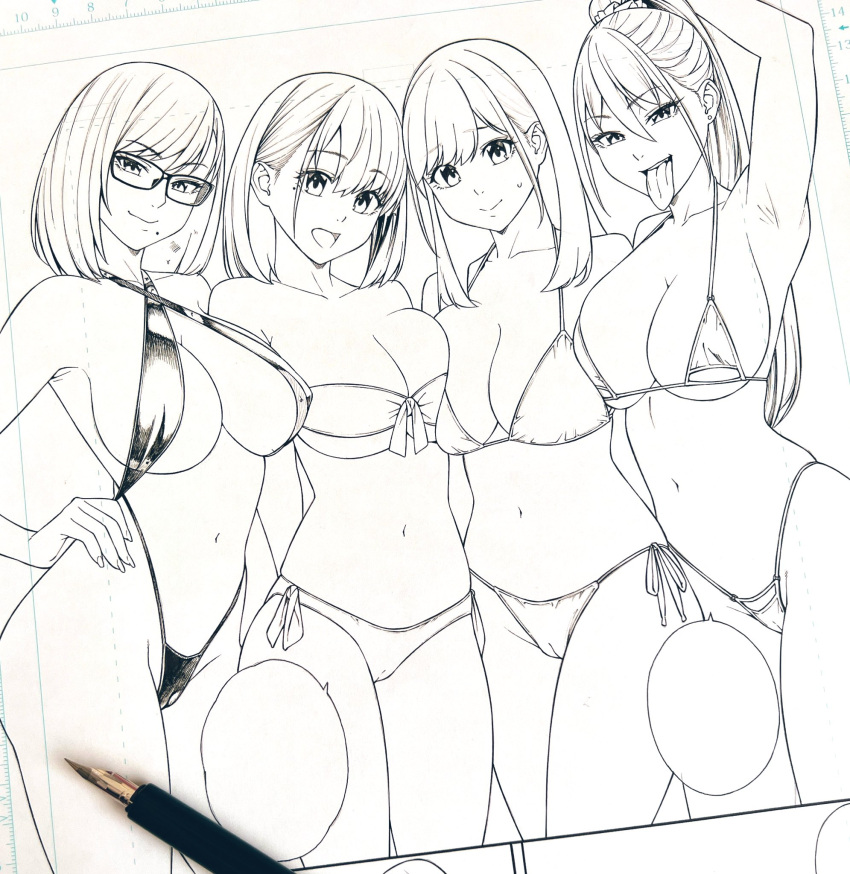 4girls :d armpits bandeau bikini bob_cut breasts cameltoe closed_mouth earrings fingernails front-tie_bikini_top front-tie_top glasses hands_on_hips highres jewelry large_breasts looking_at_viewer medium_hair mole mole_under_eye mole_under_mouth multiple_girls navel original ponytail side-tie_bikini_bottom slingshot_swimsuit smile smug swimsuit tongue tongue_out zonda_(solid_air)