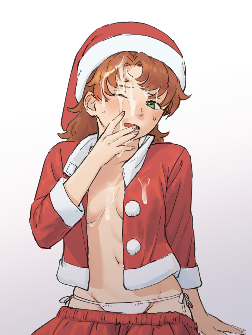 1girl arinsu_(kodamamaimai) blush breasts brown_hair christmas cum cum_on_body cum_on_breasts curly_hair dragon_quest dragon_quest_vii facial green_eyes hat highres long_hair looking_at_viewer maribel_(dq7) one_eye_closed open_mouth panties santa_hat simple_background solo string_panties underwear white_background