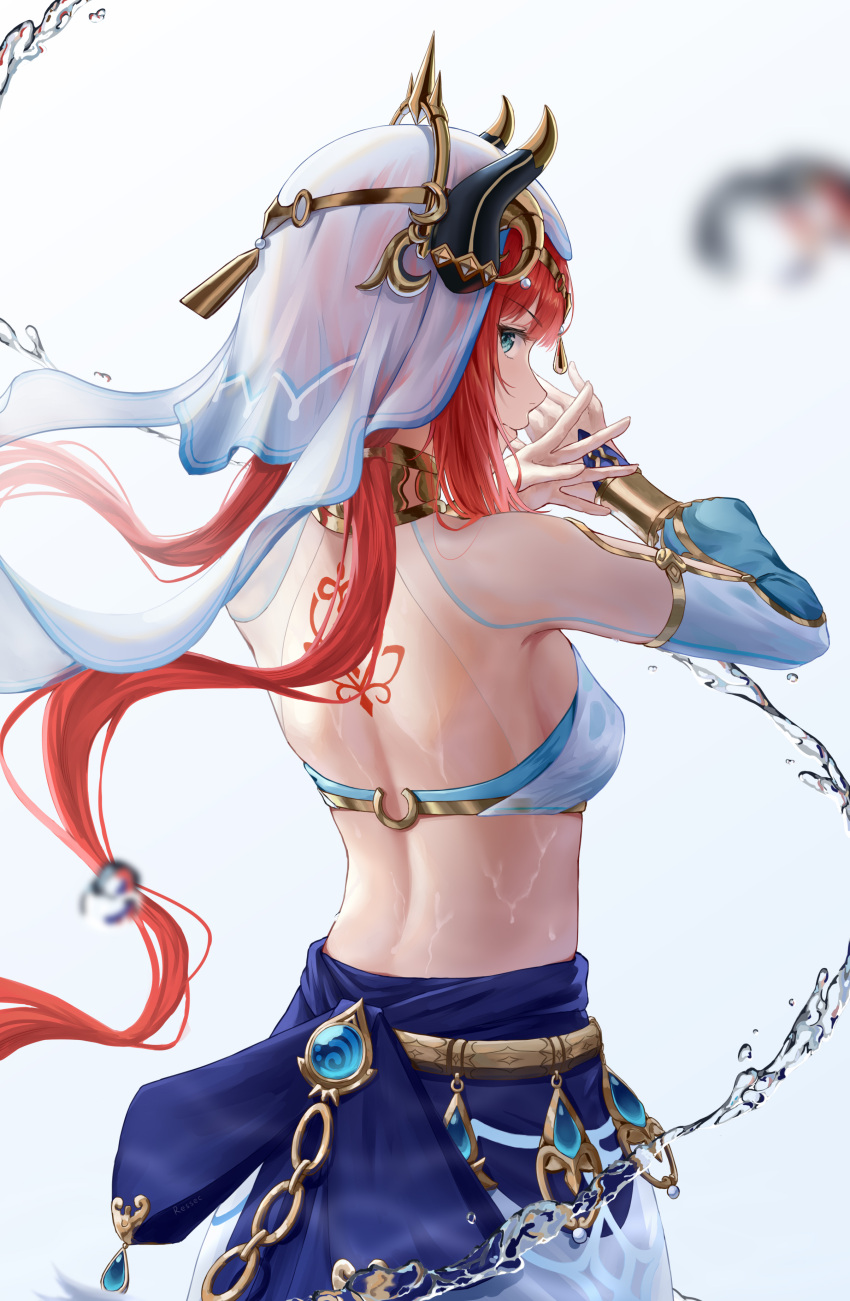 1girl absurdres back_tattoo bangs bare_back blue_gemstone bracer breasts circlet closed_mouth crop_top detached_sleeves floating_hair from_behind gem genshin_impact gold_trim hands_up harem_outfit highres horns long_hair long_sleeves looking_at_viewer looking_back low_twintails nilou_(genshin_impact) profile puffy_long_sleeves puffy_sleeves red_hair ressec sidelocks simple_background skirt small_breasts tattoo twintails veil vision_(genshin_impact) water wet white_background white_headwear white_sleeves x_arms